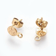 Ion Plating(IP) 304 Stainless Steel Stud Earring Findings, with Loop, Ear Nuts, Textured Flat Round, Golden, 9.5x6x0.8mm, Hole: 1.8mm, Pin: 0.8mm(STAS-O119-18C-G)