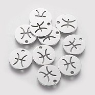 304 Stainless Steel Charms, Flat Round with Constellation/Zodiac Sign, Pisces, 12x1mm, Hole: 1.5mm(STAS-Q201-T095-12)