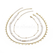 3Pcs 3 Style Brass Satellite Chain Necklaces Set, Natural Pearl Beaded Stackable Necklaces with Heart Charms for Women, Golden, 13.74~18.03 inch(34.9~45.8cm), 1Pc/style(NJEW-JN04106)