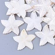 Freshwater Shell Pendants, Starfish/Sea Stars, Creamy White, 35~37x37~38x3~5mm, Hole: 1mm(SSHEL-Q297-25)