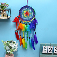 Polyester Thread Woven Net/Web with Feather Pendant Decoration, with Plastic Beads, Flat Round, Colorful, 50~55x16cm(HJEW-PW0001-037)