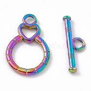 Ion Plating(IP) 304 Stainless Steel Toggle Clasps, Flat Round with Heart, Rainbow Color, Bar: 6x19.5x2mm, hole: 2.5mm, Flat Round with Heart: 21x13.5x2mm, hole: 2.5mm(STAS-G299-01M)