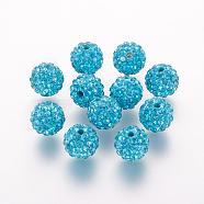 Polymer Clay Rhinestone Beads, Grade A, Round, Pave Disco Ball Beads, Blue Zircon, 8x7.5mm, Hole: 1mm(RB-K050-8mm-C24)