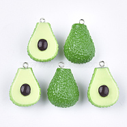 Resin Pendants, with Platinum Plated Iron Findings, Imitation Food, Avocado, Green, 29~31x21x17mm, Hole: 2mm(X-RESI-T028-52)