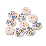 Painted 2-hole Sewing Button with Lovely Broken Flowers, Wooden Buttons, Floral White, 15mm in diameter(NNA0YW3)