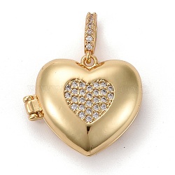 Brass Micro Pave Clear Cubic Zirconia Diffuser Locket Pendants, Long-Lasting Plated, Lead Free & Cadmium Free,Heart with Heart, Real 18K Gold Plated, Heart: 19x23x8mm, Hole: 5.5x3mm, Inner Diameter: 17x14mm(ZIRC-E165-14G)