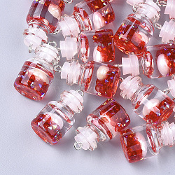 Glass Bottle Pendants, with Resin & Pearl & Iron Findings, Platinum, Red, 28~29x15mm, Hole: 2mm(GLAA-T001-03C)