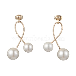 Shell Pearl Round Ball Drop Earings, Brass Stud Earrings, Golden, 36x22mm(EJEW-TA00348)