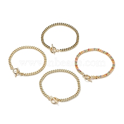 Brass Curb Chain Bracelets, with Enamel and 304 Stainless Steel Toggle Clasps, Real 18K Gold Plated, Mixed Color, 8-1/8 inch(20.5cm)(BJEW-JB05507)