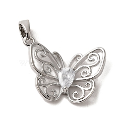 Brass Micro Pave Cubic Zirconia Pendants, Cadmium Free & Nickel Free & Lead Free, Butterfly, Platinum, 16x20.5x4mm, Hole: 4.5x3mm(ZIRC-P114-03P)
