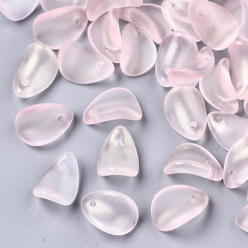 Transparent Spray Painted Glass Charms, with Glitter Powder, Frosted, Petaline, Pink, 12x8x4.5mm, Hole: 1mm