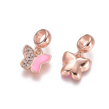 Brass Micro Pave Cubic Zirconia European Dangle Charms, with Pink Enamel, Large Hole Pendants, Butterfly, Rose Gold, 20mm, Butterfly: 11x12x3mm, Hole: 5mm