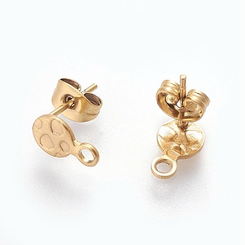 Ion Plating(IP) 304 Stainless Steel Stud Earring Findings, with Loop, Ear Nuts, Textured Flat Round, Golden, 9.5x6x0.8mm, Hole: 1.8mm, Pin: 0.8mm