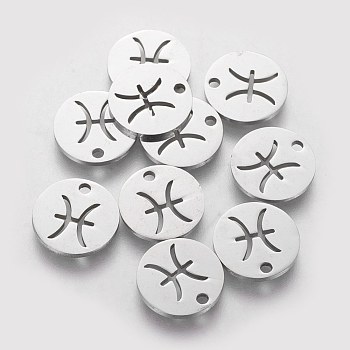 304 Stainless Steel Charms, Flat Round with Constellation/Zodiac Sign, Pisces, 12x1mm, Hole: 1.5mm