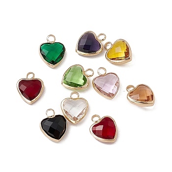 Heart K9 Glass Charms, Faceted, with Light Gold Tone Brass Edge, Mixed Color, 13.5x10.5x4.5mm, Hole: 2.2mm