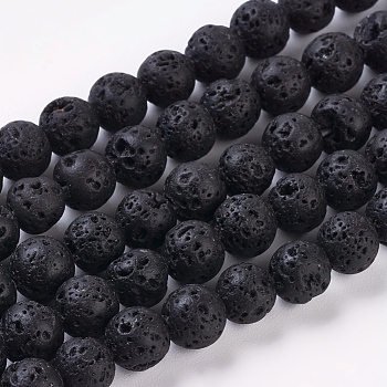Natural Lava Rock Beads Strands, Round, Black, about 6mm in diameter, hole: 0.8mm, about 60pcs/strand, 16 inch