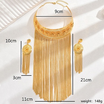 Exaggerated Tassels Iron Choker Necklace & Dangle Stud Earrings Jewelry Sets for Banquet Wedding, Golden, Necklace: inner diameter 9cm, Earrings: 10mm