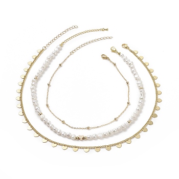 3Pcs 3 Style Brass Satellite Chain Necklaces Set, Natural Pearl Beaded Stackable Necklaces with Heart Charms for Women, Golden, 13.74~18.03 inch(34.9~45.8cm), 1Pc/style