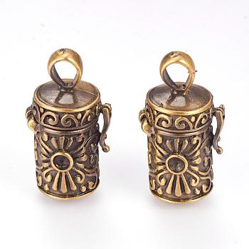 Brass Prayer Box Pendants, Column with Flower, Brushed Antique Bronze, 27.5x15x13mm, Hole: 4x6mm, Inner: 7.5mm, Fit for 3mm rhinestone