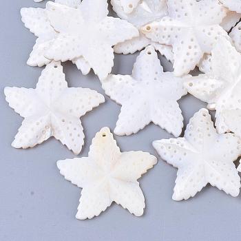 Freshwater Shell Pendants, Starfish/Sea Stars, Creamy White, 35~37x37~38x3~5mm, Hole: 1mm