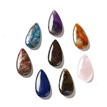 Natural Mixed Gemstone Pendants, Teardrop Charm, 39~39.5x19~19.5x6.5~7mm, Hole: 1.2mm