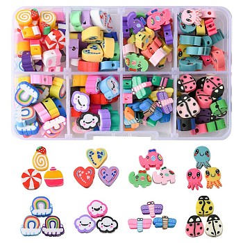 160Pcs 8 Style Handmade Polymer Clay Beads, Heart & Dragonfly & Elephant & Octopus, Mixed Color, 5~12x6~11.5x4~5mm, Hole: 1.2~2mm, 20pcs/style