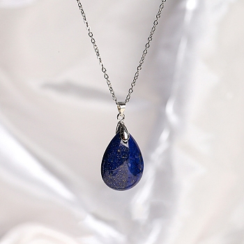 Natural Lapis Lazuli Teardrop Pendant Necklaces, Titanium Steel Cable Chain Necklace for Women, 17.72 inch(45cm)