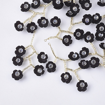 Acrylic Big Pendants, with Clear Glass Beads and Golden Plated Brass Wires, Flower, Black, 55~60x30~35mm, Hole: 2mm