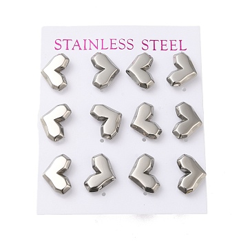 Non-Tarnish 304 Stainless Steel Stud Earring, Heart, Stainless Steel Color, 13x11.5mm, 12pcs/set