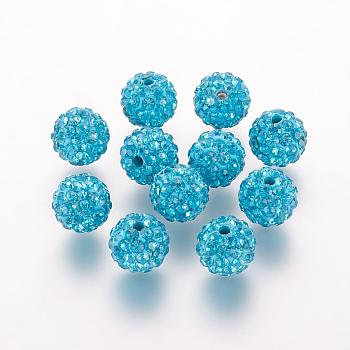 Polymer Clay Rhinestone Beads, Grade A, Round, Pave Disco Ball Beads, Blue Zircon, 8x7.5mm, Hole: 1mm