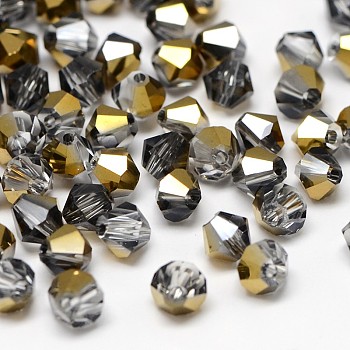 Electroplate Crystal Glass Bicone Beads, Faceted, Half Golden Plated, 4.5x4mm, Hole: 1mm, about 720pcs/bag