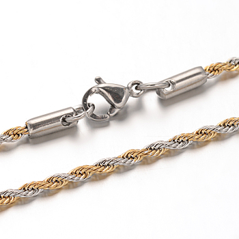 304 Stainless Steel Rope Chain Necklaces, with Lobster Claw Clasps, Golden & Stainless Steel Color, 19.6 inch(50cm), 2mm