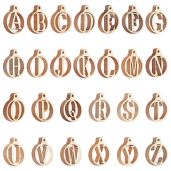 3 Bags Wood Alphabet Pendants, Undyed, Laser Cut Flat Round Charms with Letter. A~Z, Antique White, 43.5x34.5x2.5mm, Hole: 3mm, 26 styles, 1pc/style, 26pcs/bag