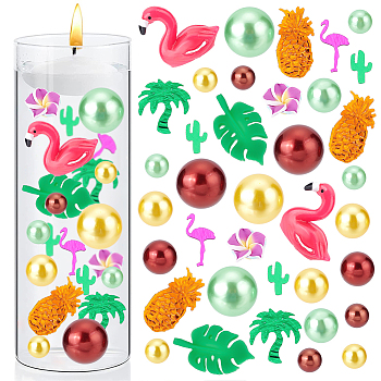 Summer Theme Vase Fillers for Centerpiece Floating Candles, including PVC Confetti, Imitation Pearl No Hole Beads, Resin Flamingo & Leaf Cabochons, Handmade Polymer Clay Plumeria Beads, Mixed Color