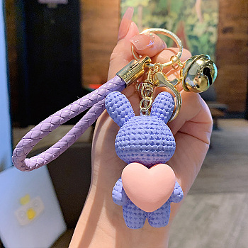 Rabbit with Heart Resin Keychain, with Alloy Findings and Bell, Medium Slate Blue, 7x3.5cm