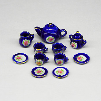 Porcelain Miniature Teapot Cup Set Ornaments, Micro Landscape Garden Dollhouse Accessories, Pretending Prop Decorations, Medium Blue, 20mm, 11Pcs/set