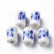 Handmade Porcelain Beads, Famille Rose Style, Column with Flower Pattern, Royal Blue, 12.5x8.5mm, Hole: 3mm(PORC-T007-16)