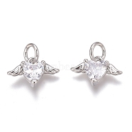Brass Micro Pave Clear Cubic Zirconia Charms, Long-Lasting Plated, with Jump Rings, Heart with Wing, Real Platinum Plated, 8x12x3mm, Hole: 3mm(ZIRC-O035-26P)