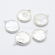 Natural Cultured Freshwater Pearl Pendants, with Brass Findings, Flat Round, Silver, 20~26x16~20x4~6mm, Hole: 1mm(PEAR-F006-54S)