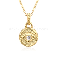 Brass Micro Pave Clear Cubic Zirconia Pendants Necklaces for Women, Flat Round with Evil Eye, Golden, 17.52 inch(44.5cm)(NJEW-B092-01G)