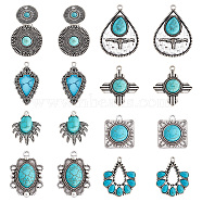 16Pcs 8 Styles Synthetic Turquoise Pendants, with Antique Silver Tone Aolly Findings, Cadmium Free & Nickel Free & Lead Free, Fan & Teardrop & Flat Round & Fish & Cross & Oval & Square, 28~47x19~34x2.5~7mm, hole: 2~3mm, 2pcs/style(FIND-SC0003-47)