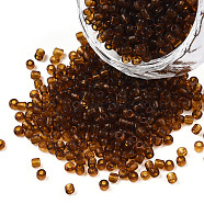 Glass Seed Beads, Transparent, Round, Brown, 12/0, 2mm, Hole: 1mm, about 30000 beads/pound(SEED-A004-2mm-13)