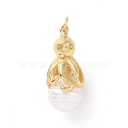 Shell Pearl Pendants, with Brass Pave Clear Cubic Zirconia Findings, Cadmium Free & Lead Free, Long-Lasting Plated, Oval with Octopus Charm, Real 18K Gold Plated, 22~32x11x13mm, Hole: 3mm(KK-C004-10G)