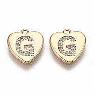 Brass Micro Pave Clear Cubic Zirconia Charms, Nickel Free, Real 18K Gold Plated, Flat Heart, Letter.G, 10x10x1mm, Hole: 1mm(KK-N231-234G-NF)