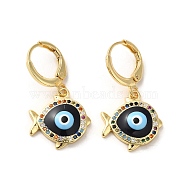 Evil Eye Real 18K Gold Plated Brass Dangle Leverback Earrings, with Enamel and Cubic Zirconia, Fish, 29x15mm(EJEW-Q797-01D-G)