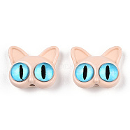 Spray Painted Alloy Beads, with Glass Eye, Cat Head, Bisque, 14x16.5x7mm, Hole: 1.5mm(PALLOY-K001-19F)
