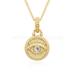 Brass Micro Pave Clear Cubic Zirconia Pendants Necklaces for Women, Flat Round with Evil Eye, Golden, 17.52 inch(44.5cm)(NJEW-B092-01G)