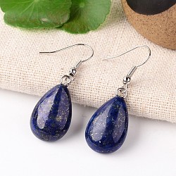 Natural Lapis Lazuli Drop Dangle Earrings, with Platinum Plated Brass Findings, 41mm, Pin: 0.7mm(X-EJEW-J089-09)