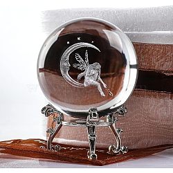 Inner Carving Glass Crystal Ball Diaplay Decoration, Paperweight with Metal Stand, Fengshui Home Decor, Angel & Fairy, 60mm(PW-WG80134-03)