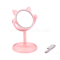 Miniature Cute Cat's Head Alloy Makeup Mirrors, with Comb, for Dollhouse Tabletop Decoration, Pink, 43mm(MIMO-PW0001-013A)